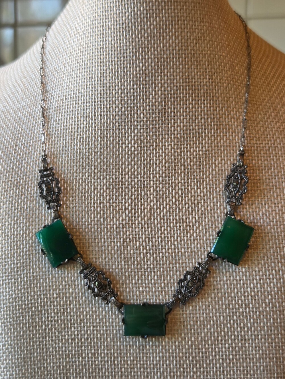 Antique/Vintage Art Deco Sterling Silver Necklace with Green Onyx and Marcasite
